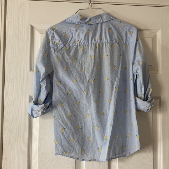 Karen Scott blue white pink striped yellow rose floral printed button front top - Picture 4 of 17